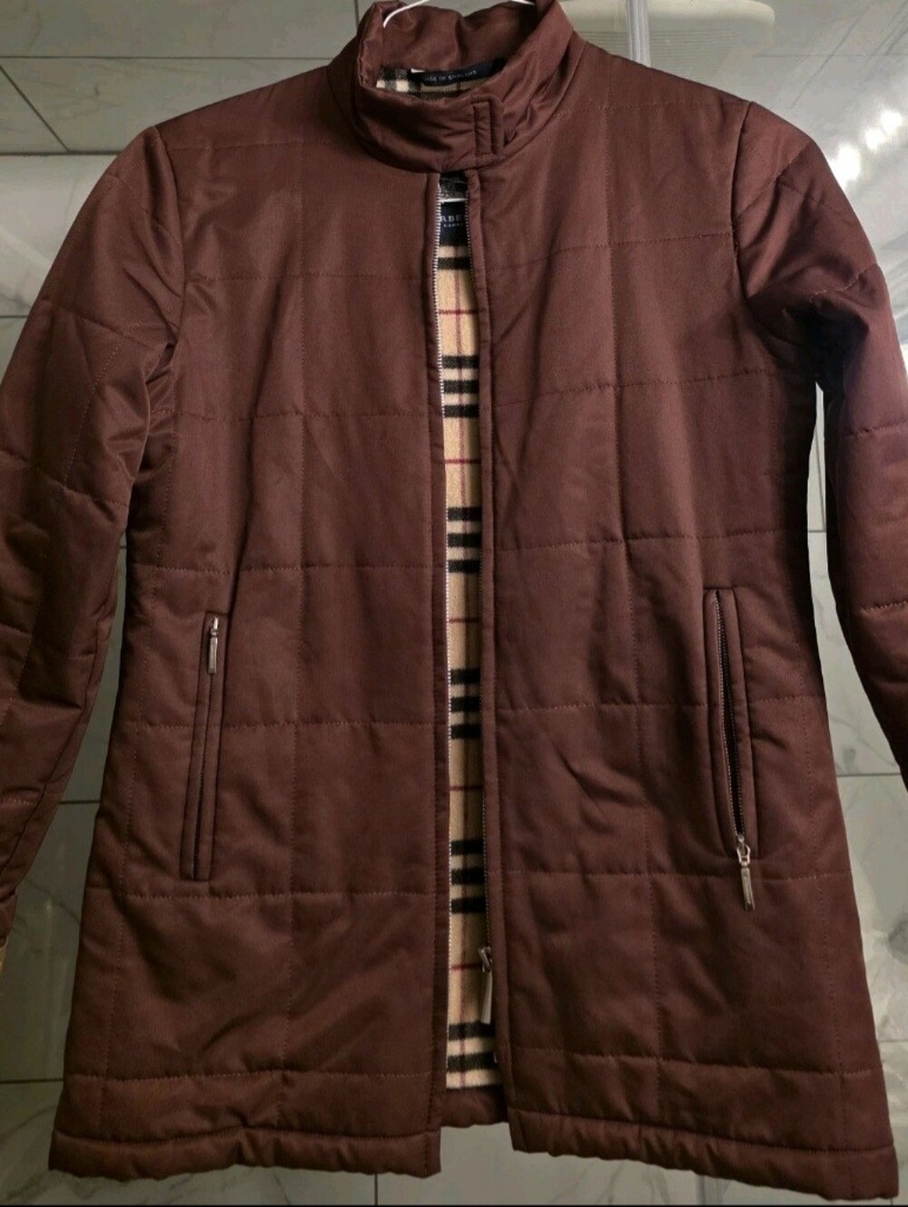 Burberry London Brown Quilted Puffer Coat with Nova Check Trim Sz 6 Small